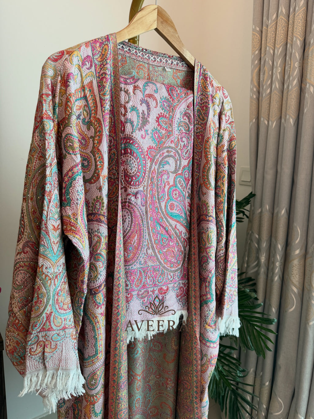 EID ARRIVALS - Pashmina Abaya with Stonework & Shawl (Sea Green/Peach)