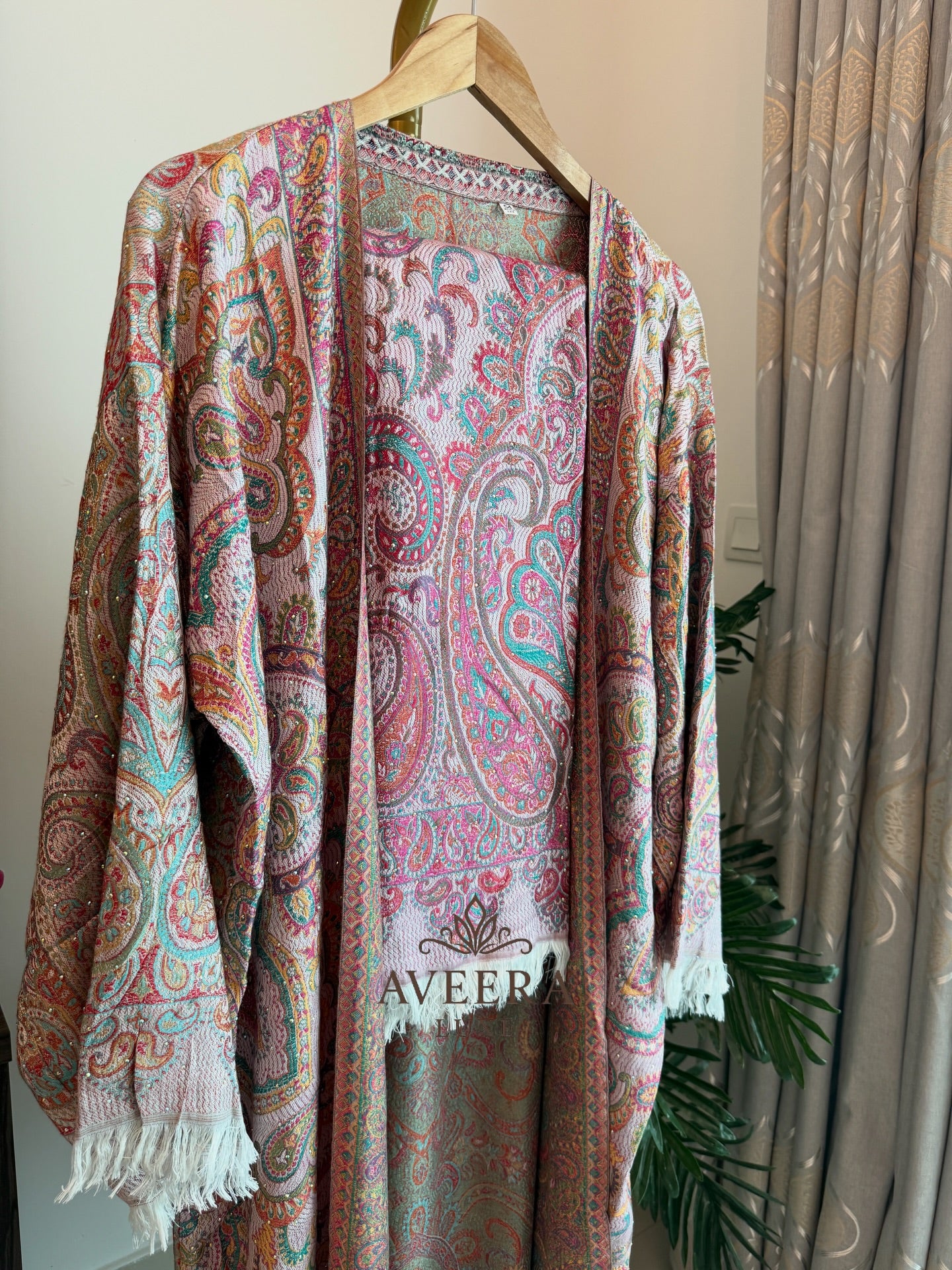 EID ARRIVALS - Pashmina Abaya with Stonework & Shawl (Sea Green/Peach)
