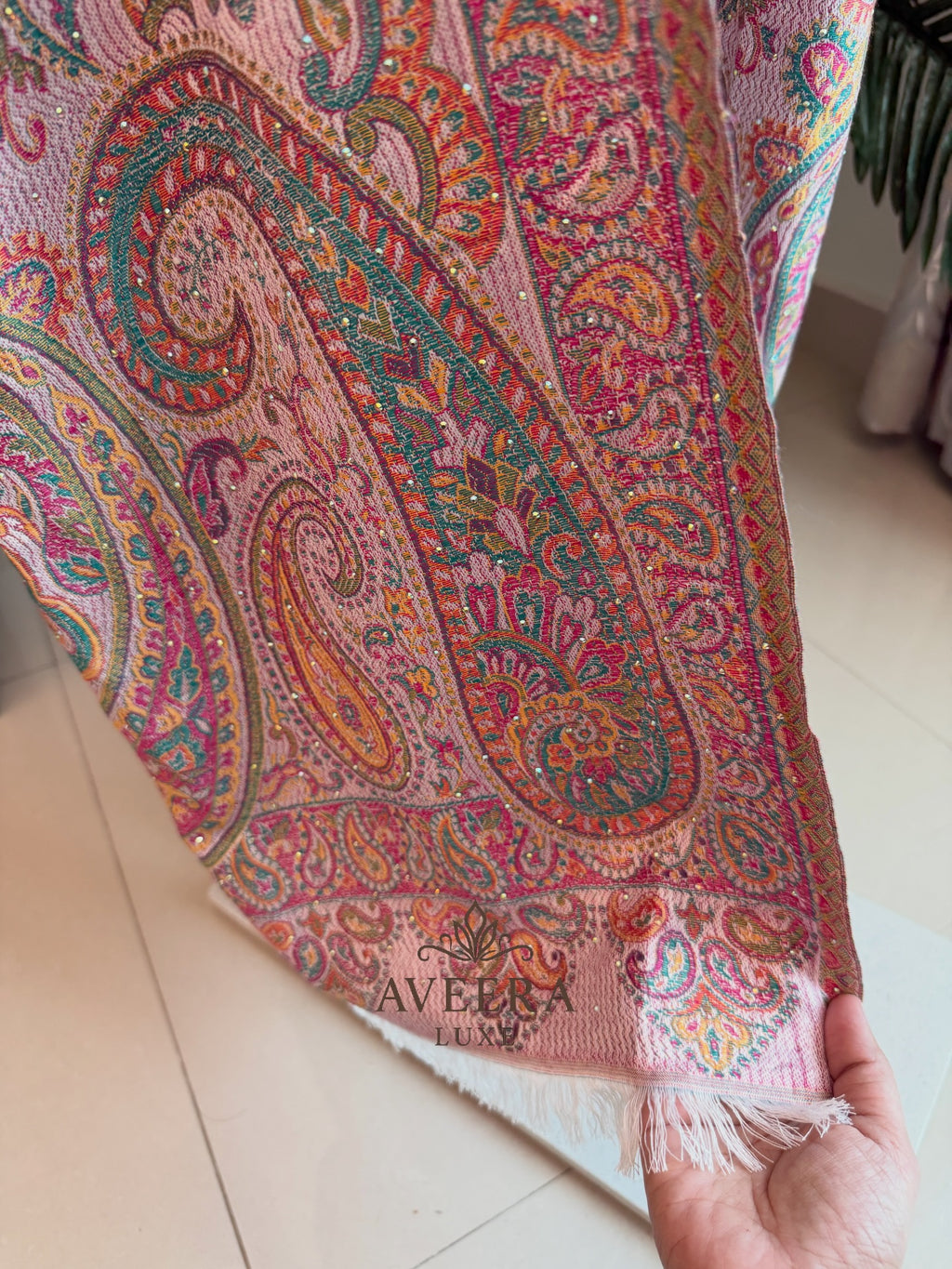 EID ARRIVALS - Pashmina Abaya with Stonework & Shawl (Sea Green/Peach)