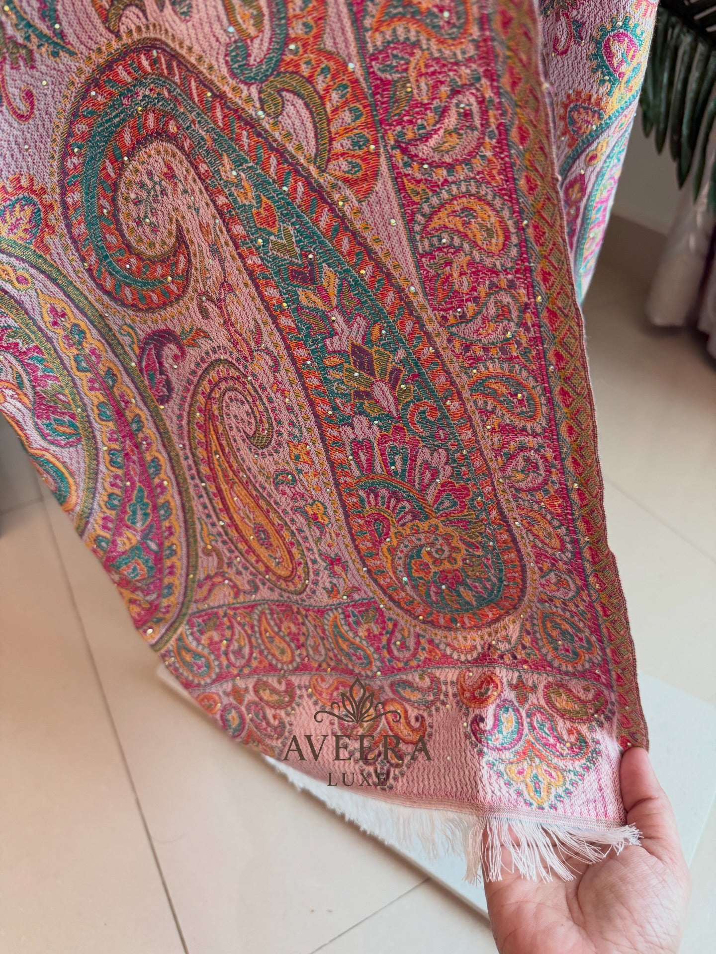 EID ARRIVALS - Pashmina Abaya with Stonework & Shawl (Sea Green/Peach)