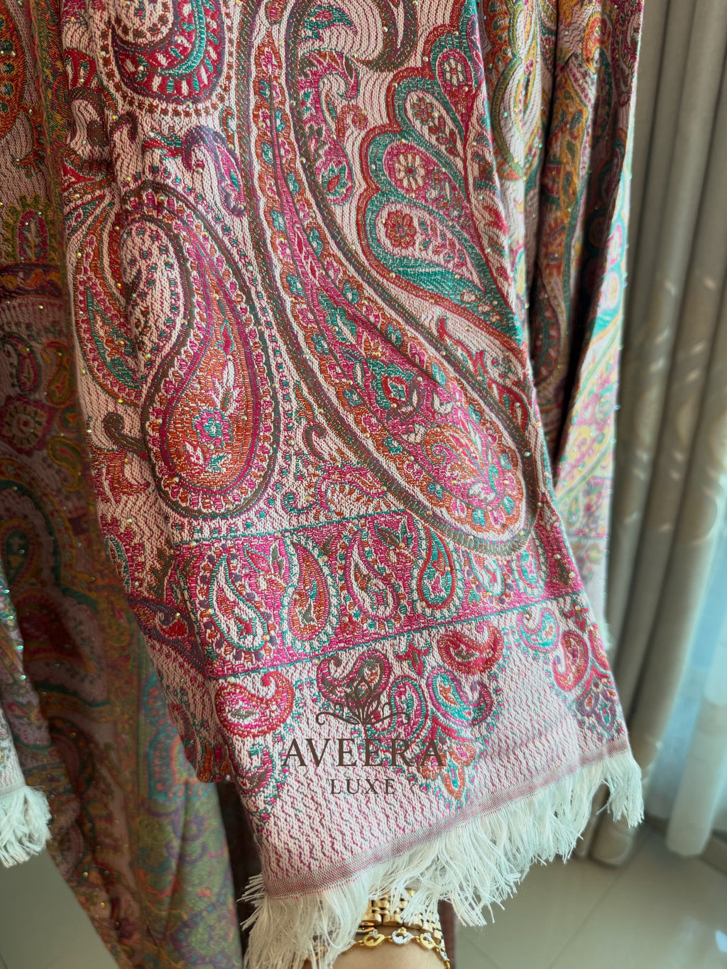 EID ARRIVALS - Pashmina Abaya with Stonework & Shawl (Sea Green/Peach)