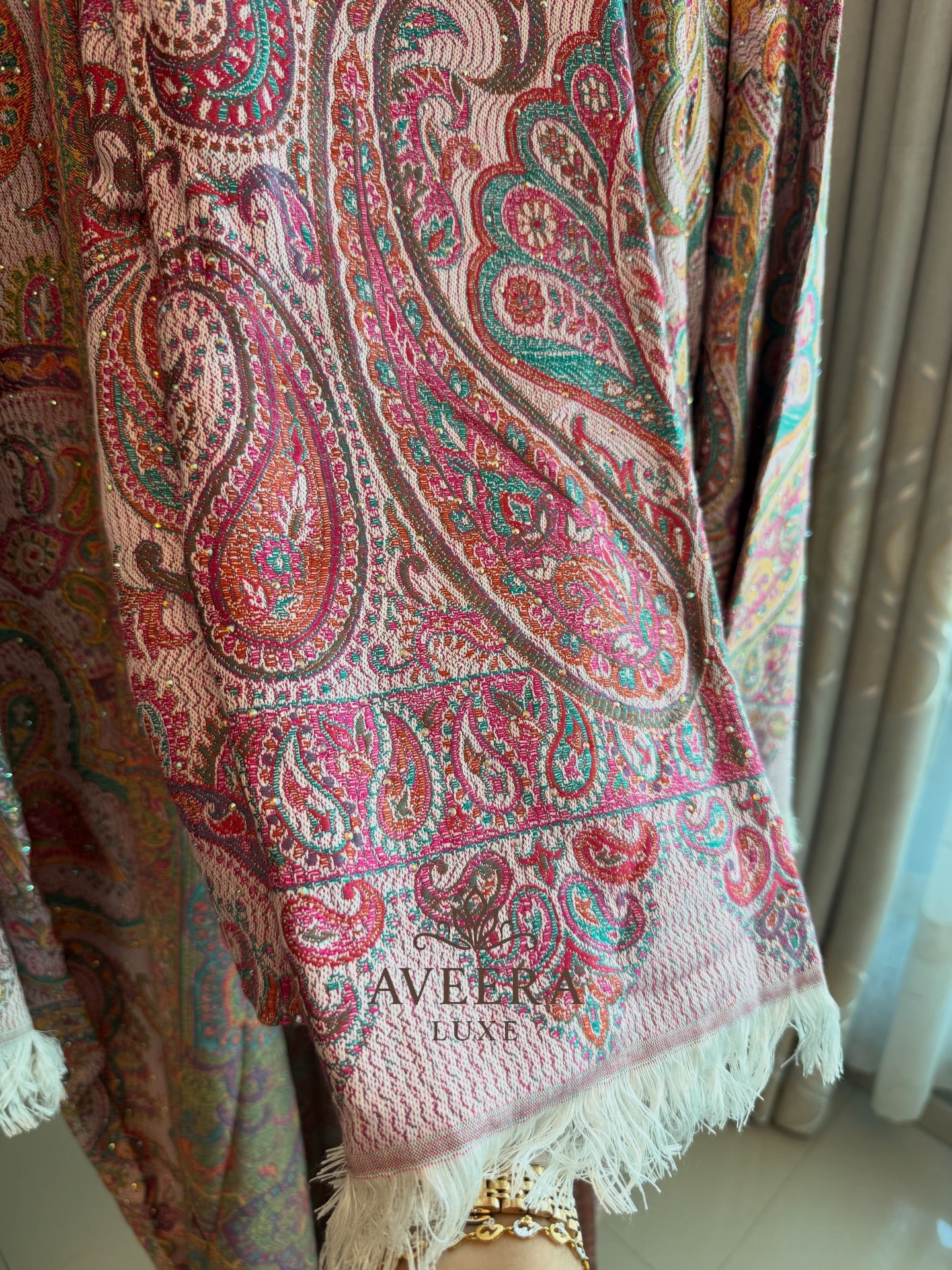 EID ARRIVALS - Pashmina Abaya with Stonework & Shawl (Sea Green/Peach)