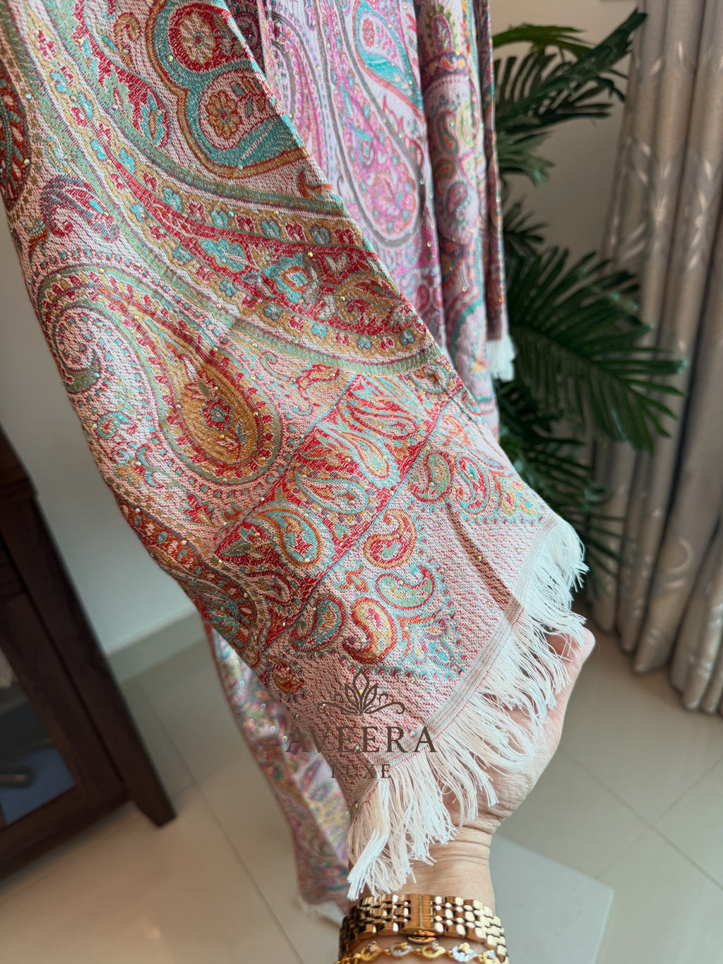 EID ARRIVALS - Pashmina Abaya with Stonework & Shawl (Sea Green/Peach)