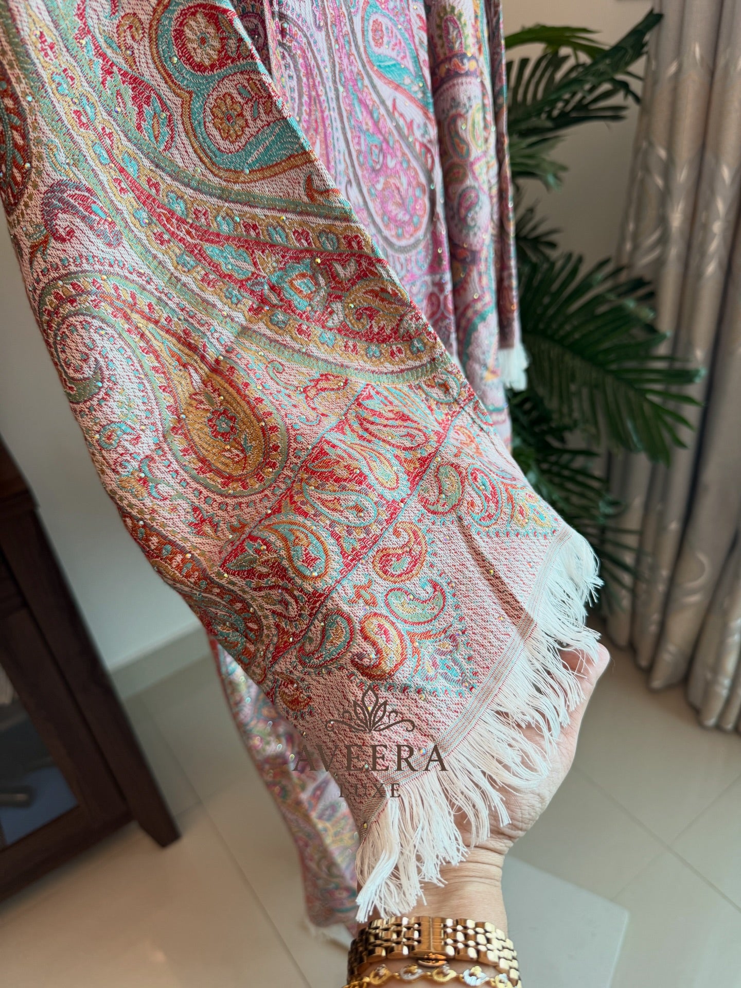 EID ARRIVALS - Pashmina Abaya with Stonework & Shawl (Sea Green/Peach)