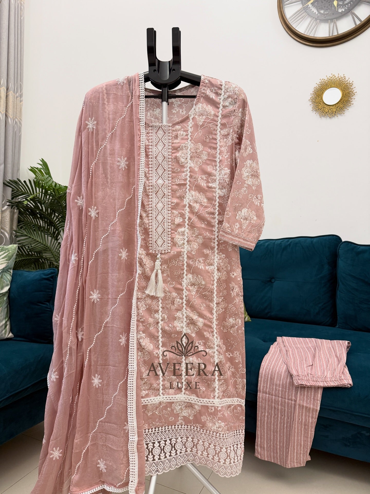EID ARRIVALS - Cotton Printed Shalwar Suit (Dusty Rose/Sage Green)