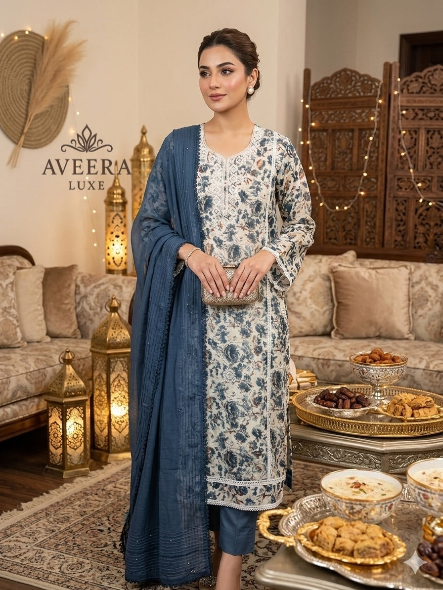 Rayon Printed Shalwar Suit with Net & Sequins Work - Unstitched Collection | Eid Arrivals