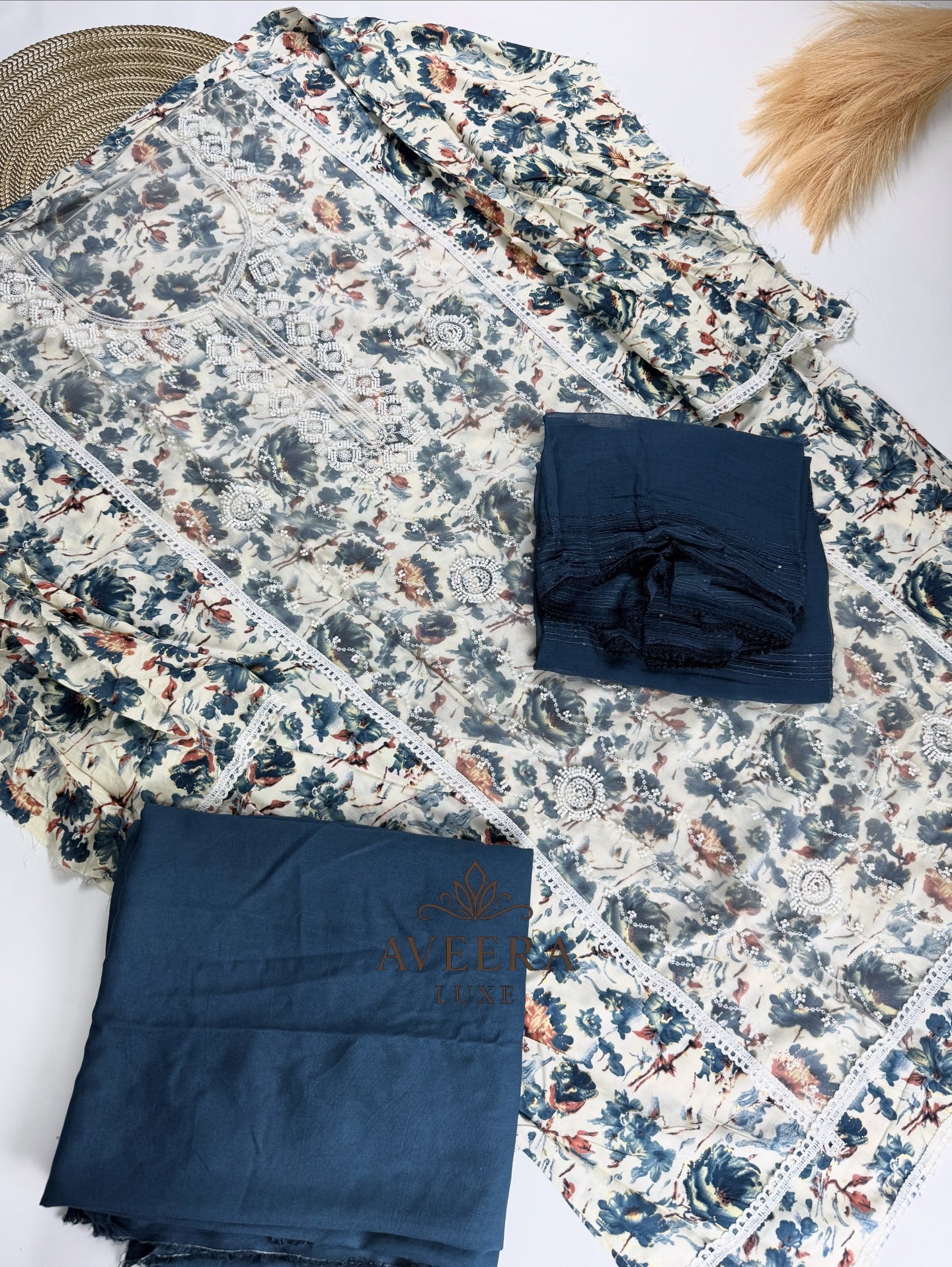 Rayon Printed Shalwar Suit with Net & Sequins Work - Unstitched Collection | Eid Arrivals