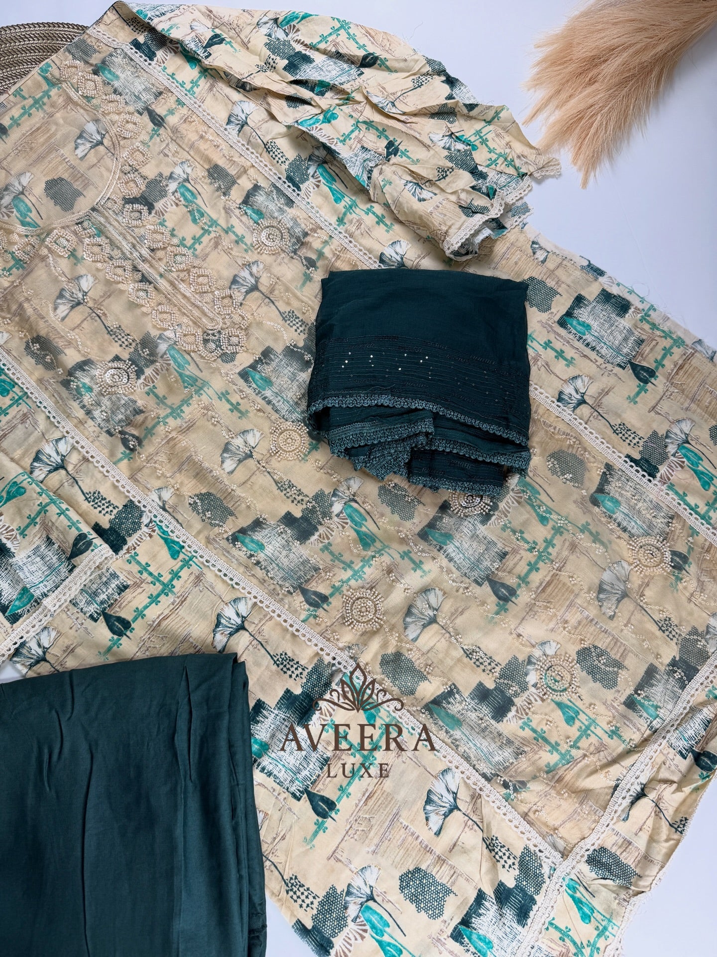 Rayon Printed Shalwar Suit with Net & Sequins Work - Unstitched Collection | Eid Arrivals