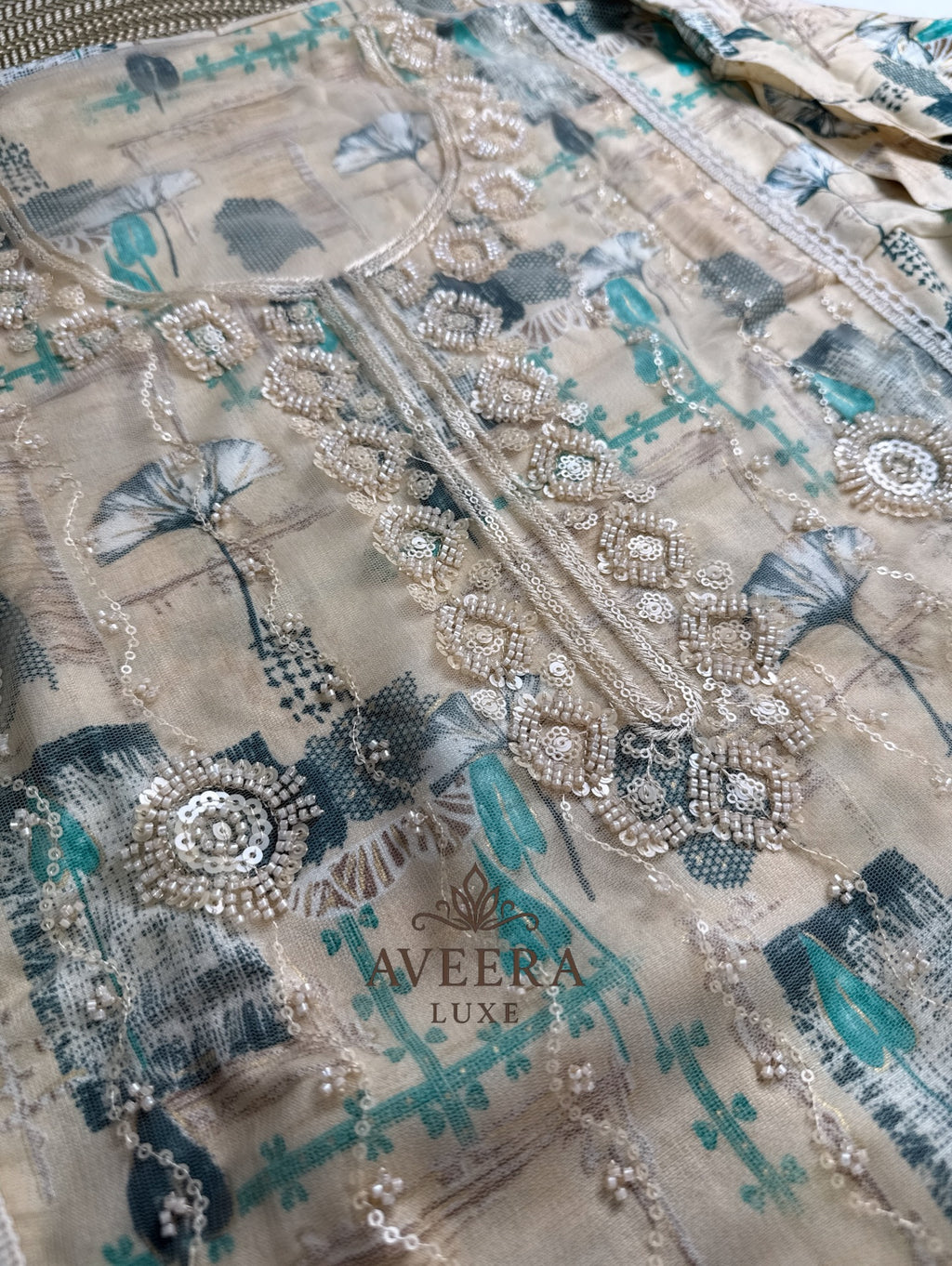 Rayon Printed Shalwar Suit with Net & Sequins Work - Unstitched Collection | Eid Arrivals