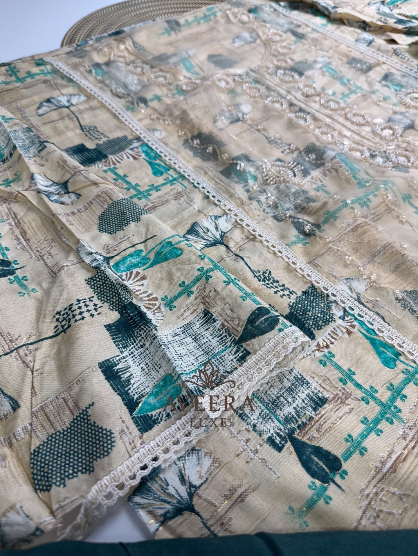 Rayon Printed Shalwar Suit with Net & Sequins Work - Unstitched Collection | Eid Arrivals
