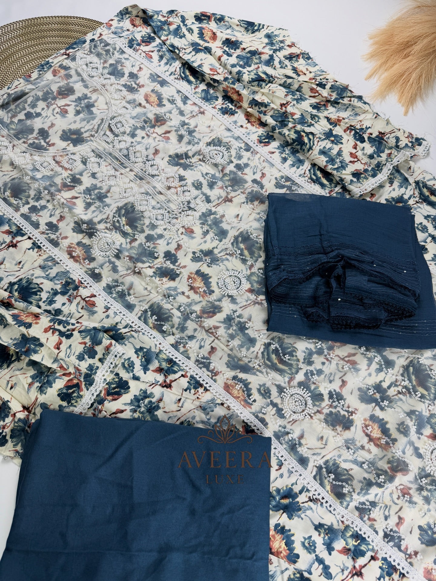 Rayon Printed Shalwar Suit with Net & Sequins Work - Unstitched Collection | Eid Arrivals