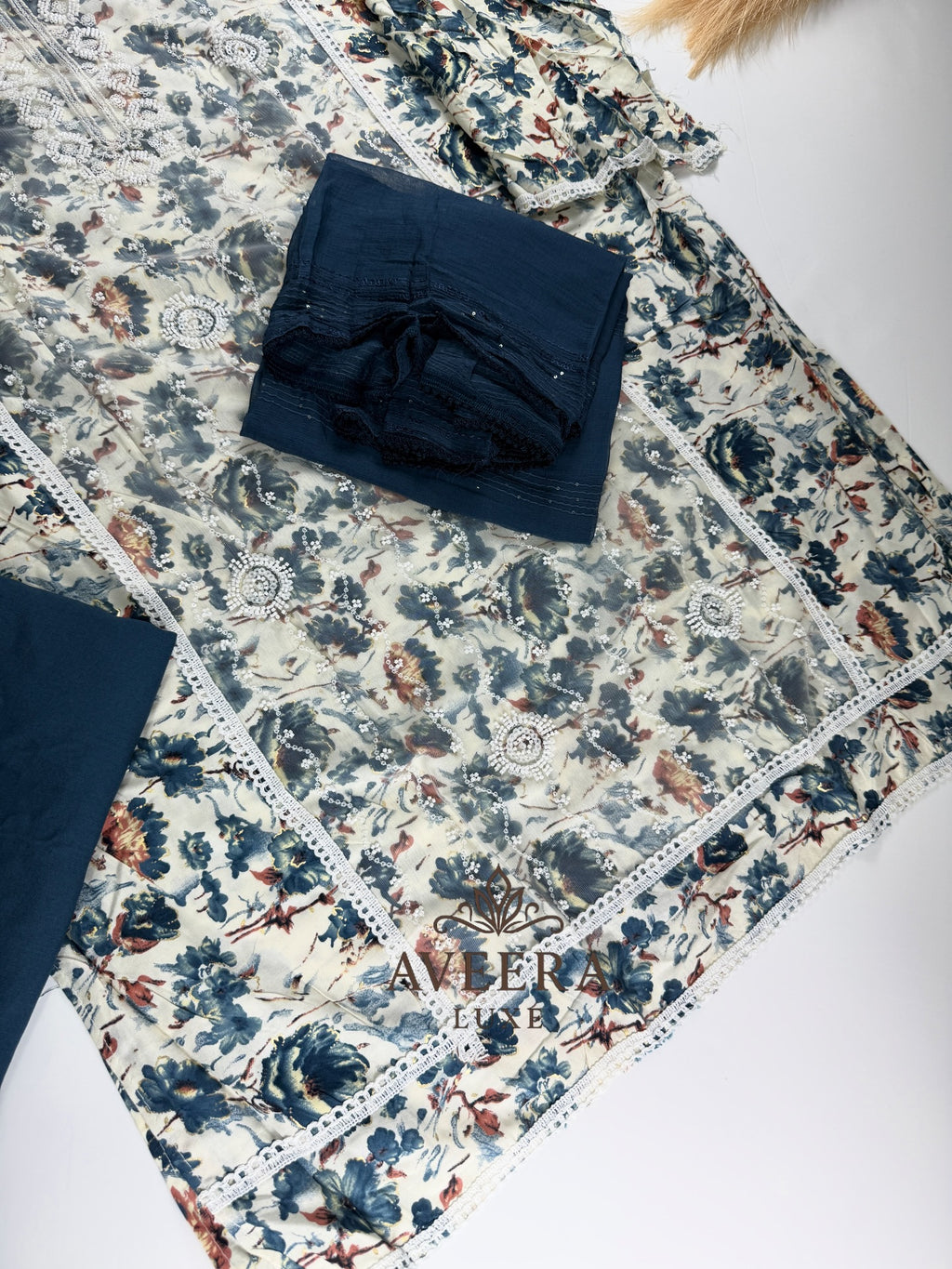 Rayon Printed Shalwar Suit with Net & Sequins Work - Unstitched Collection | Eid Arrivals