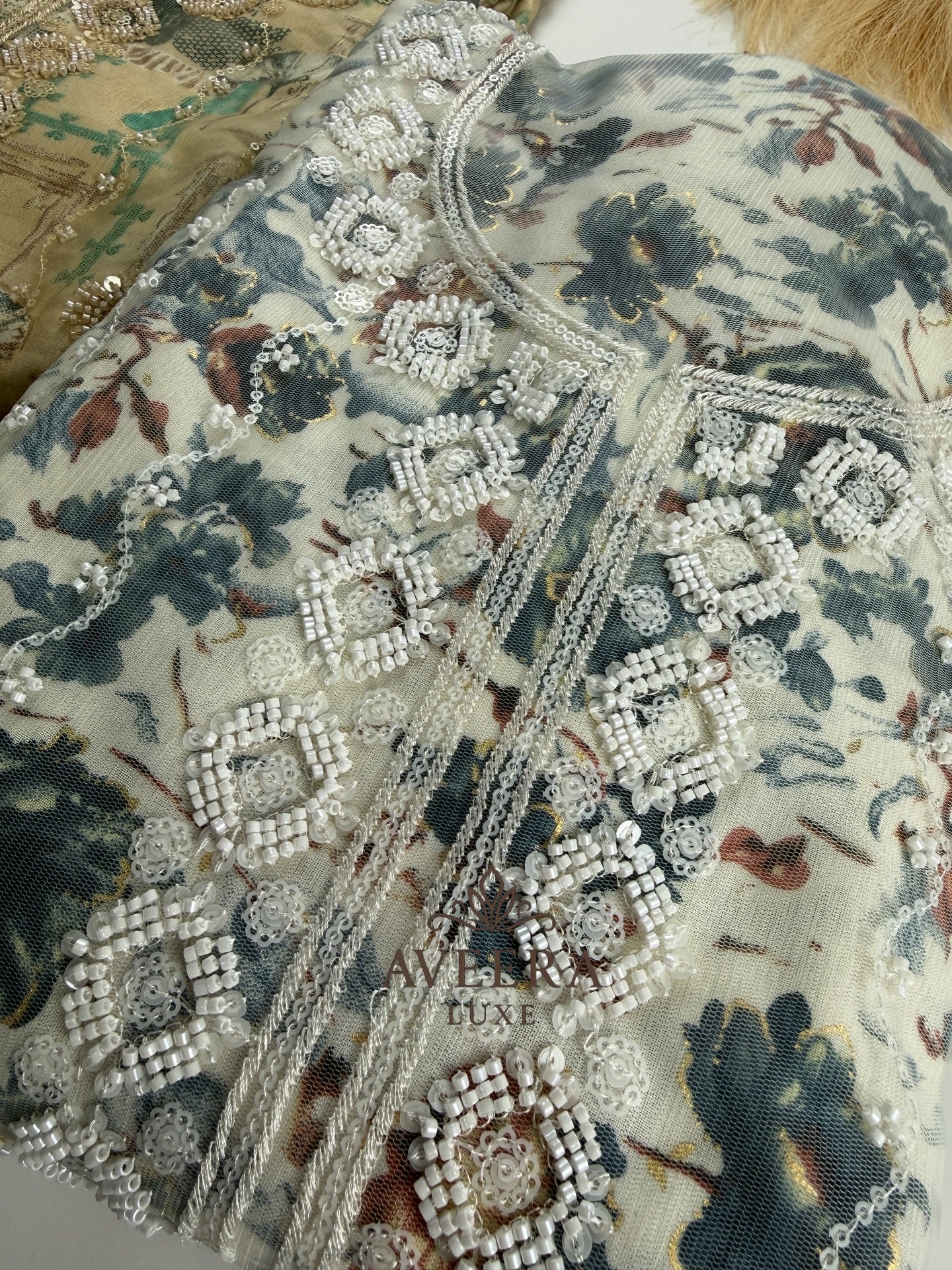 Rayon Printed Shalwar Suit with Net & Sequins Work - Unstitched Collection | Eid Arrivals