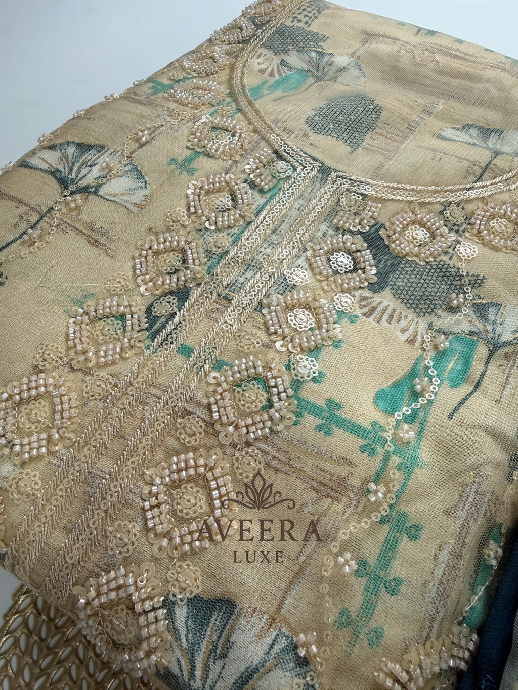 Rayon Printed Shalwar Suit with Net & Sequins Work - Unstitched Collection | Eid Arrivals
