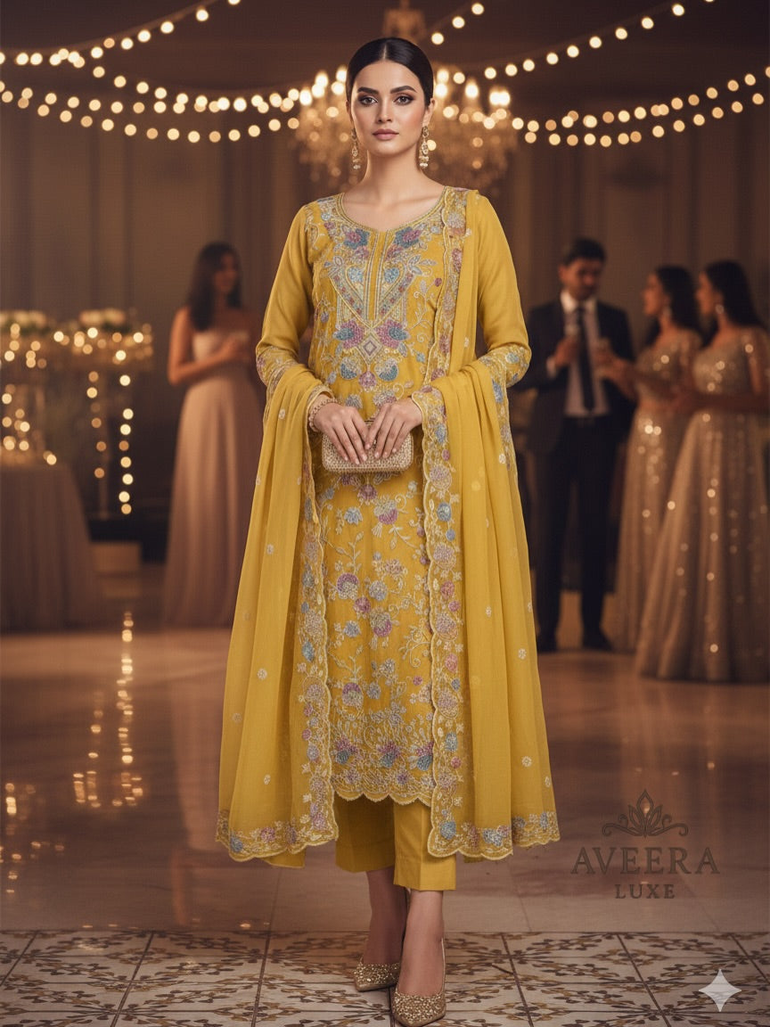 Unstitched Embroidered Chiffon 3PC Party Wear Suit