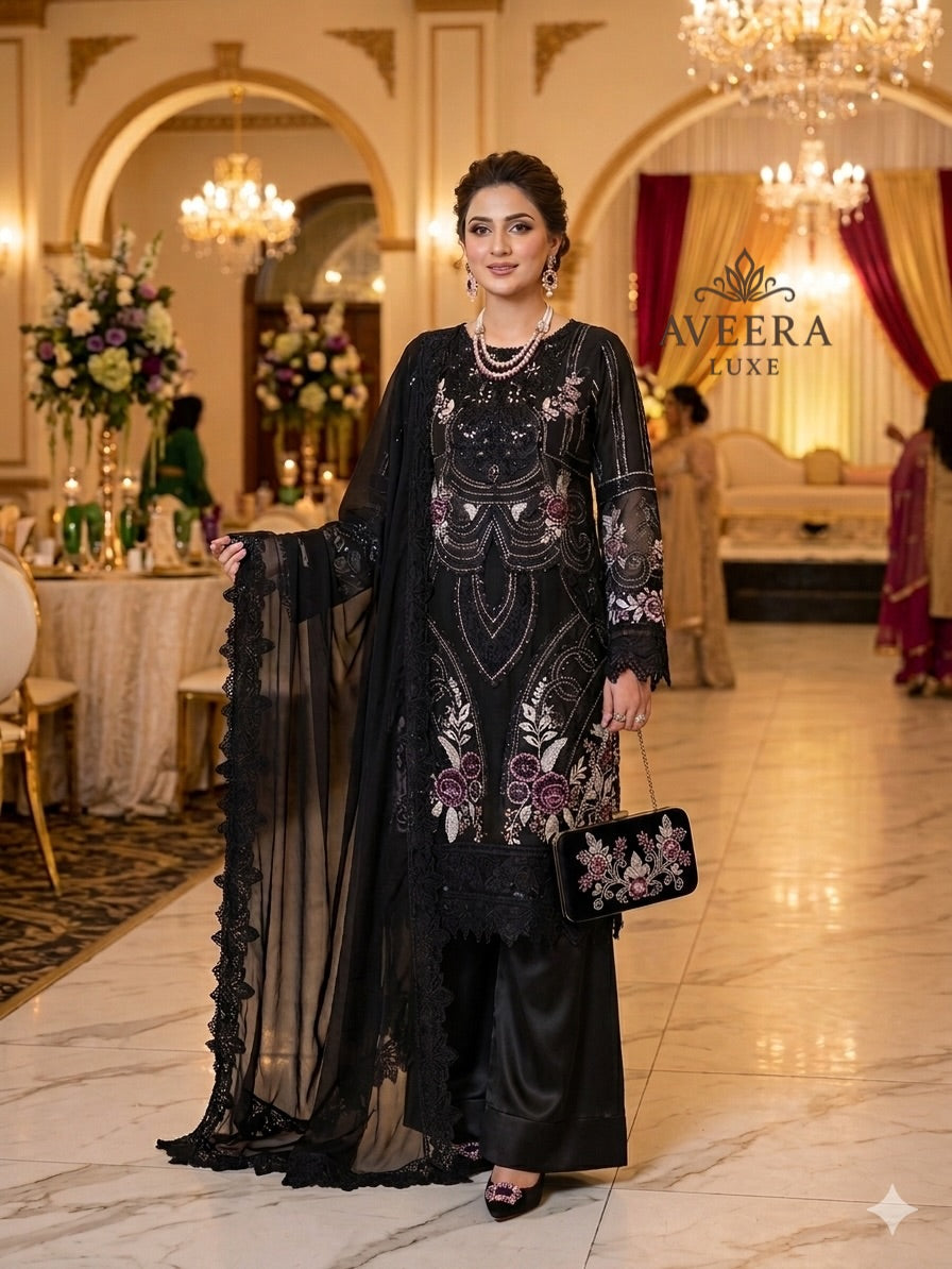 Black Pakistani Chiffon Party Wear Suit | Heavy Embroidery & Sequins