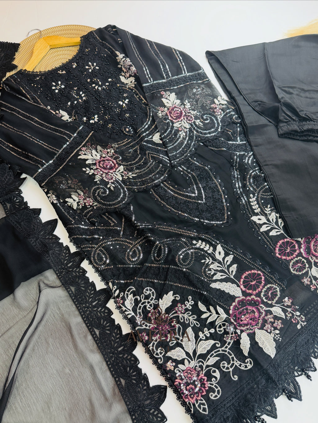 Black Pakistani Chiffon Party Wear Suit | Heavy Embroidery & Sequins