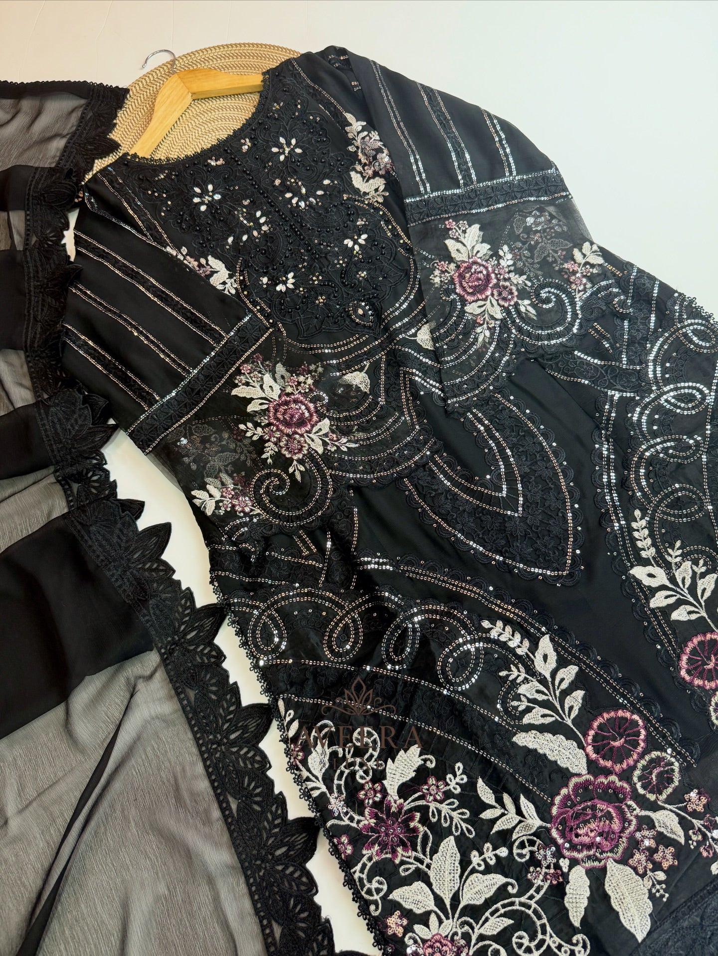 Black Pakistani Chiffon Party Wear Suit | Heavy Embroidery & Sequins
