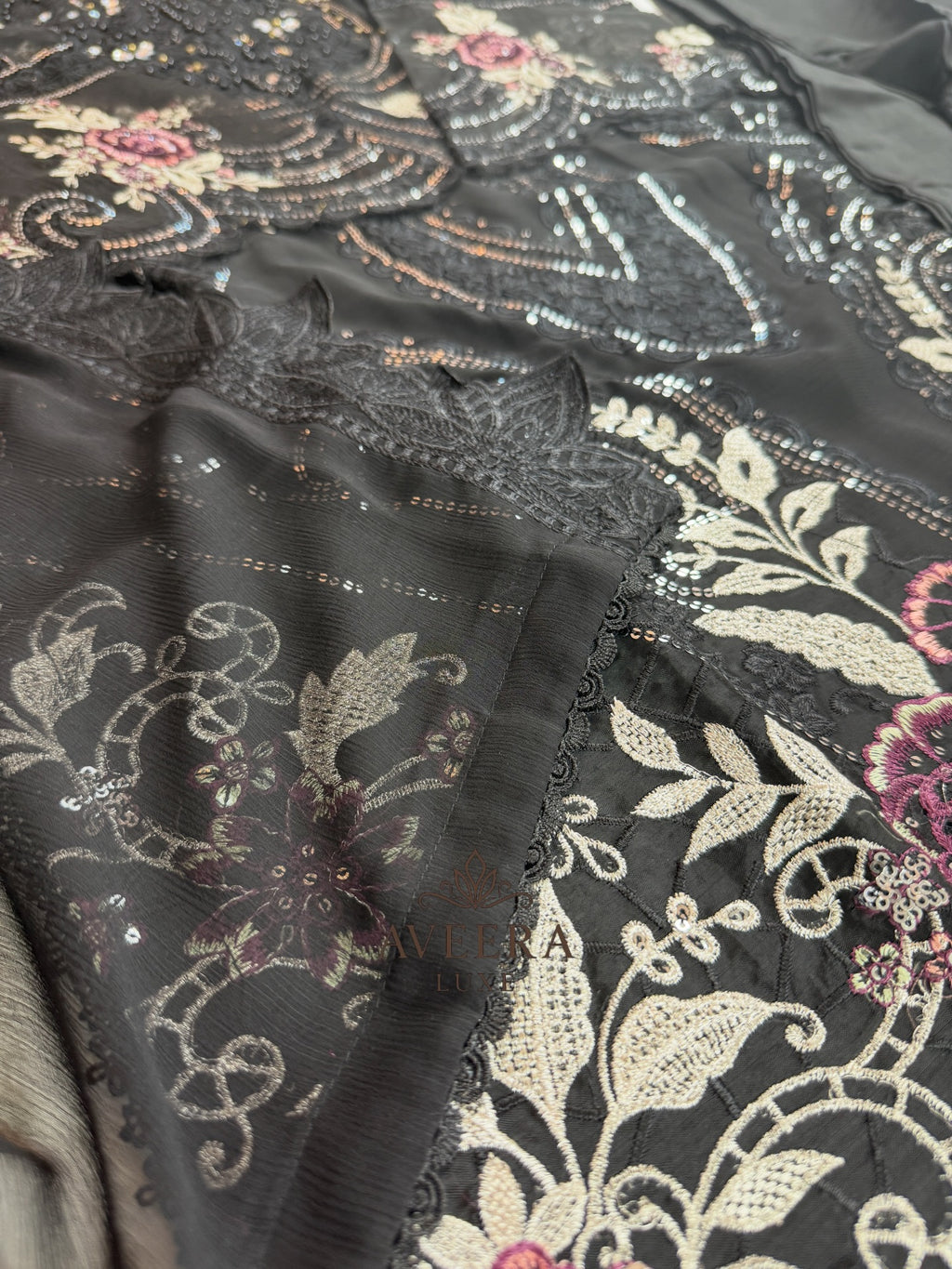 Black Pakistani Chiffon Party Wear Suit | Heavy Embroidery & Sequins