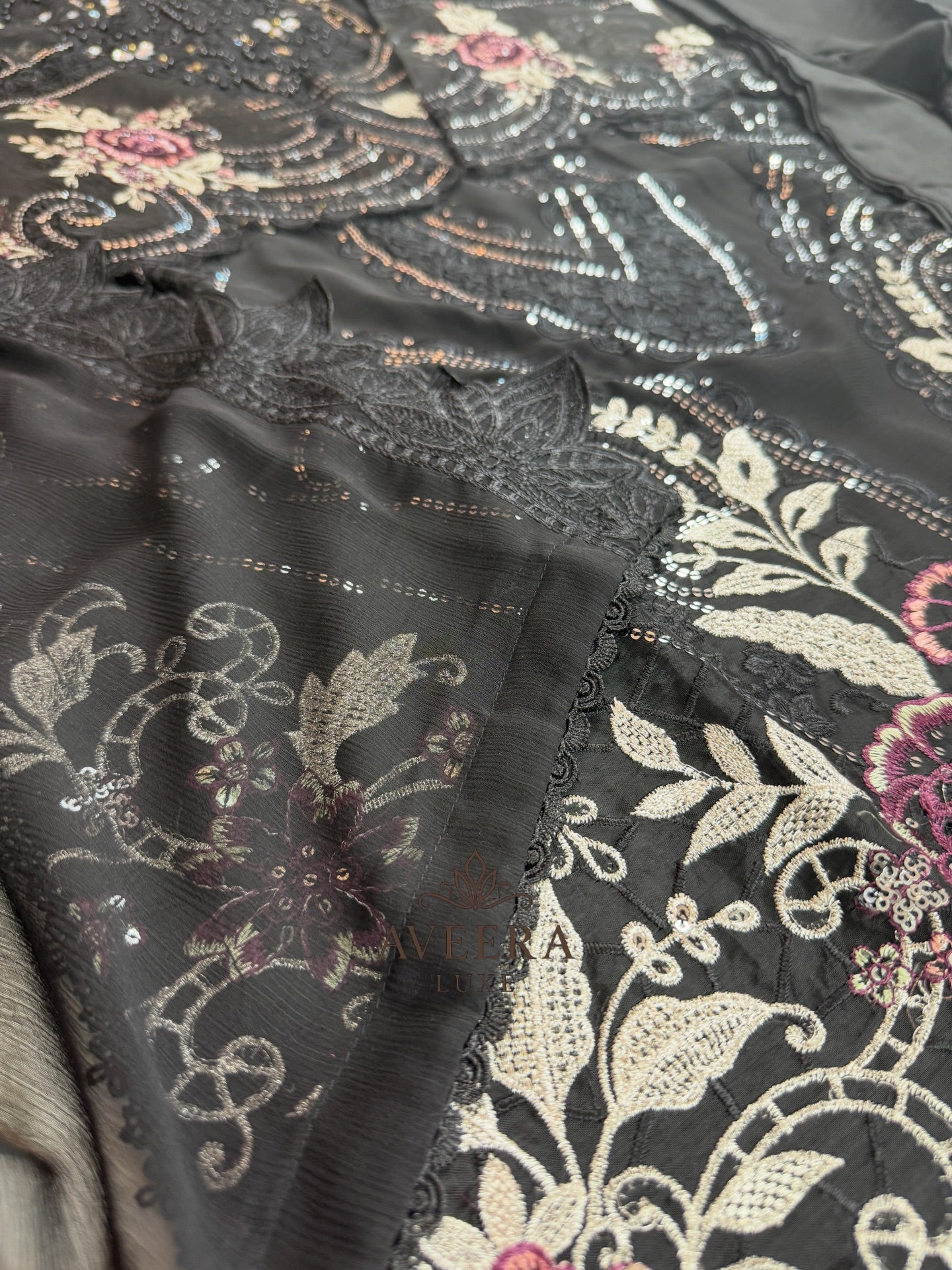 Black Pakistani Chiffon Party Wear Suit | Heavy Embroidery & Sequins