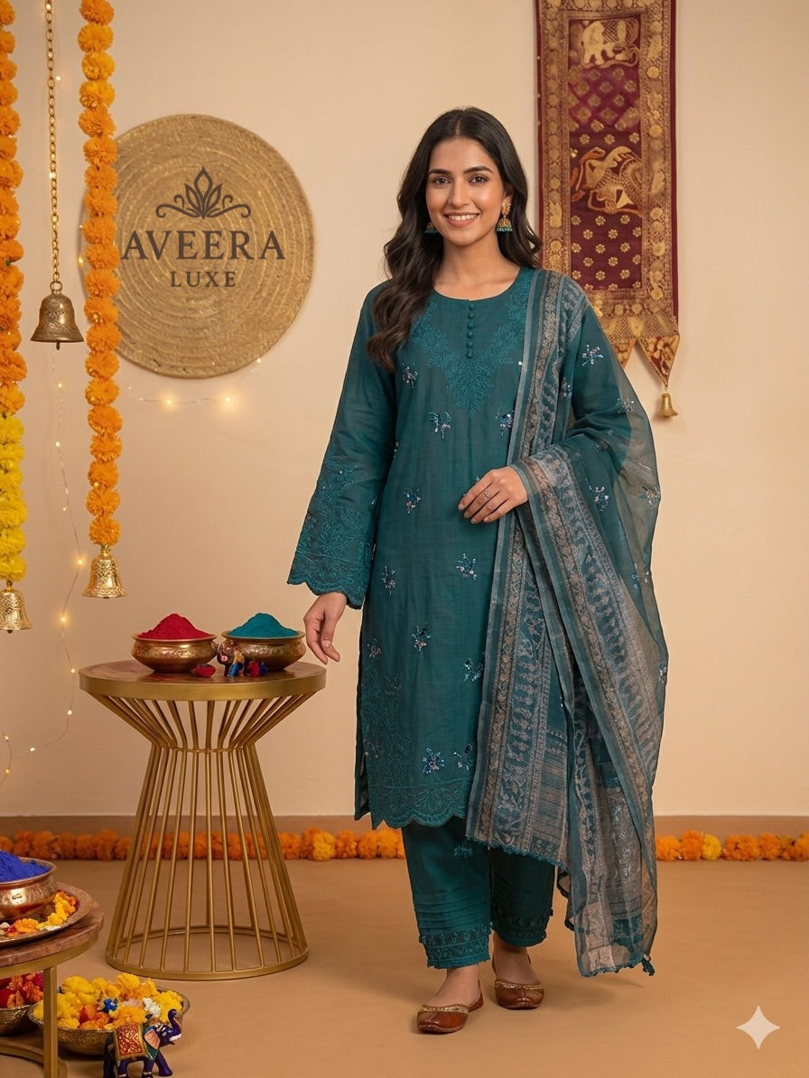 Premium Pakistani Embroidered Cotton Suit – Teal
