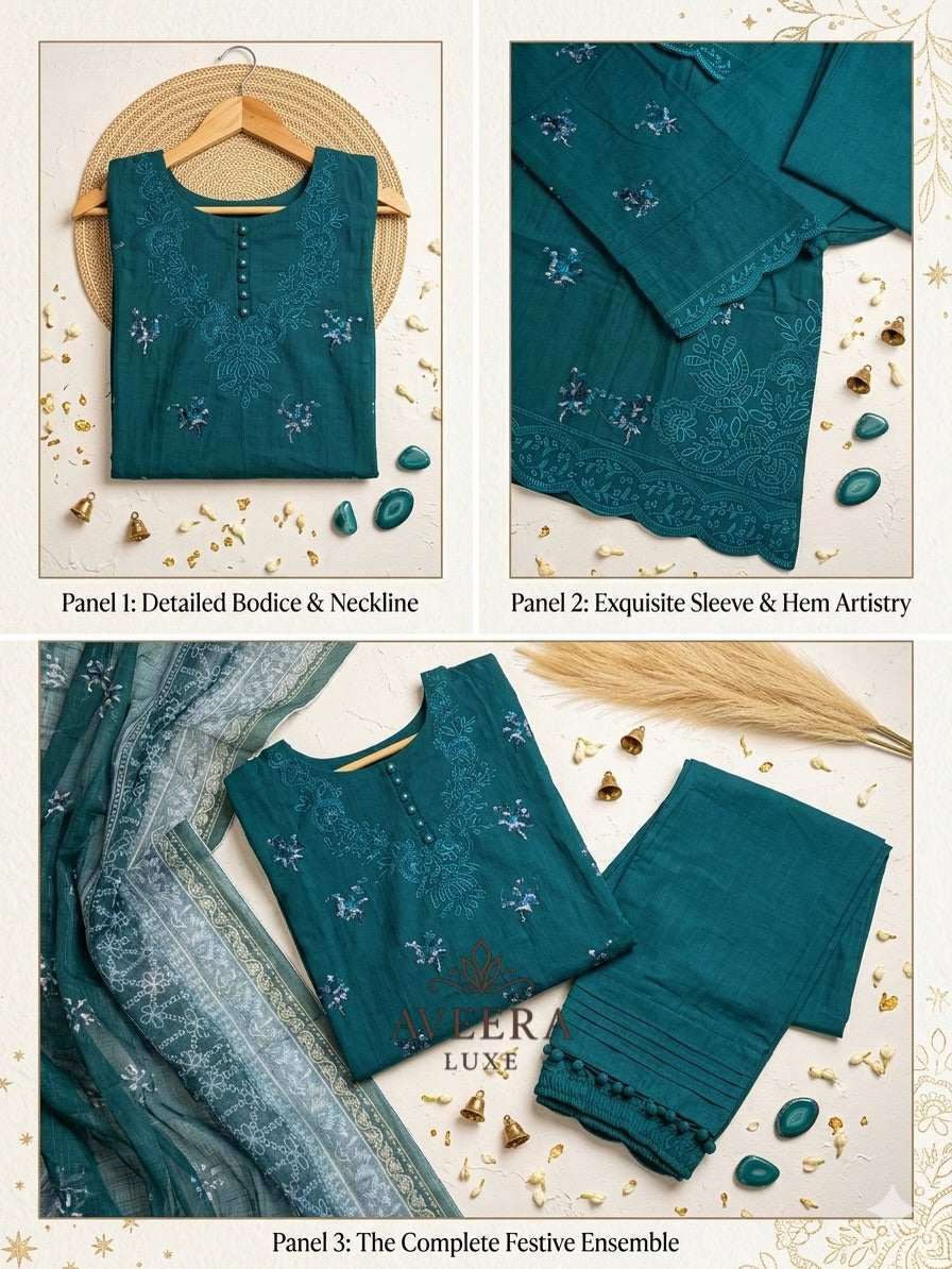 Premium Pakistani Embroidered Cotton Suit – Teal