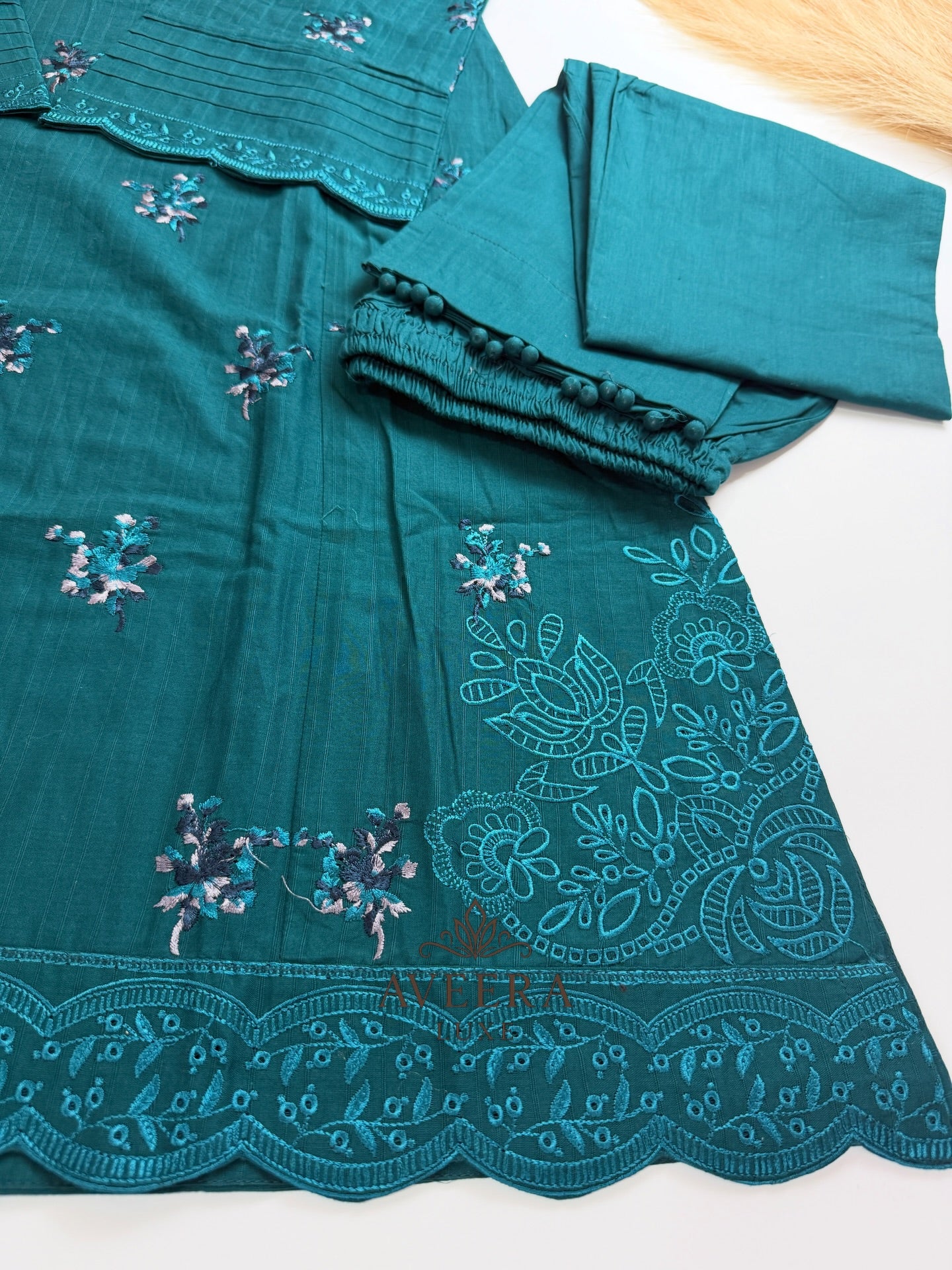 Premium Pakistani Embroidered Cotton Suit – Teal
