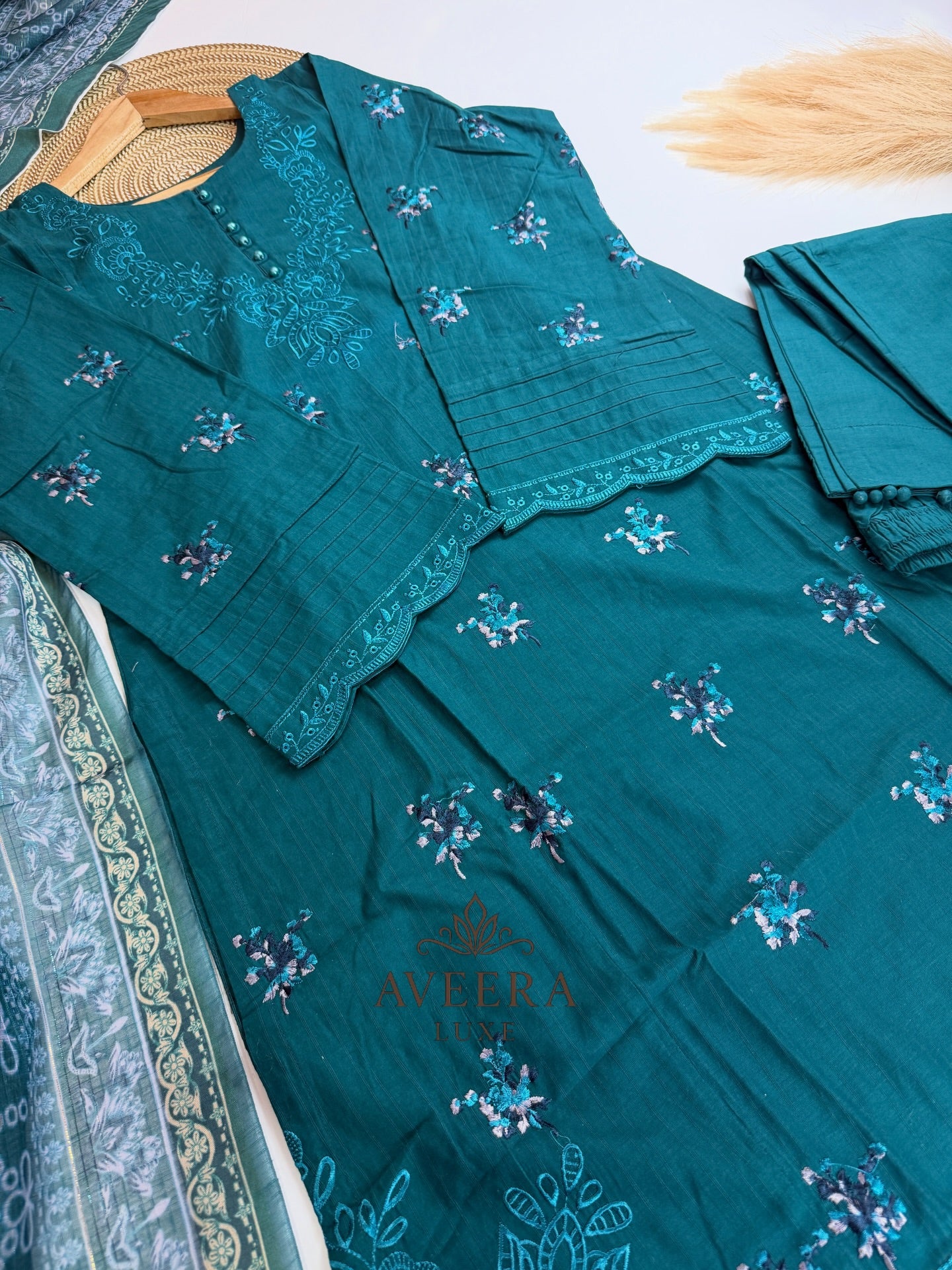 Premium Pakistani Embroidered Cotton Suit – Teal