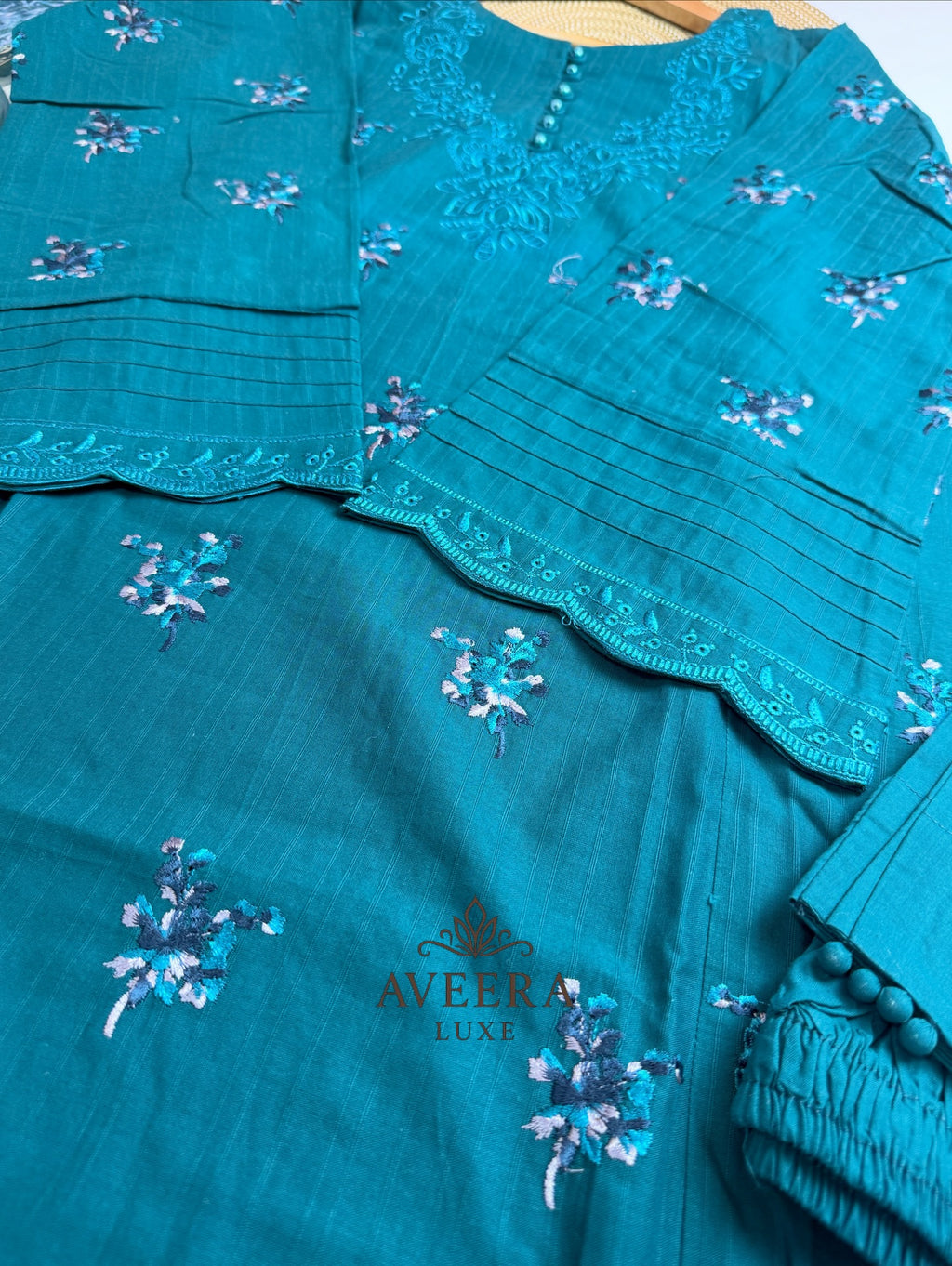 Premium Pakistani Embroidered Cotton Suit – Teal