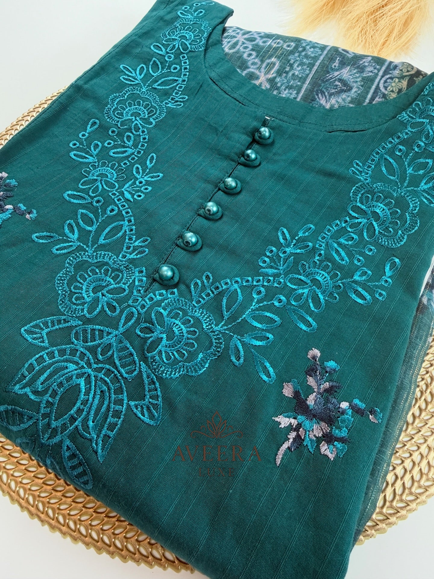 Premium Pakistani Embroidered Cotton Suit – Teal
