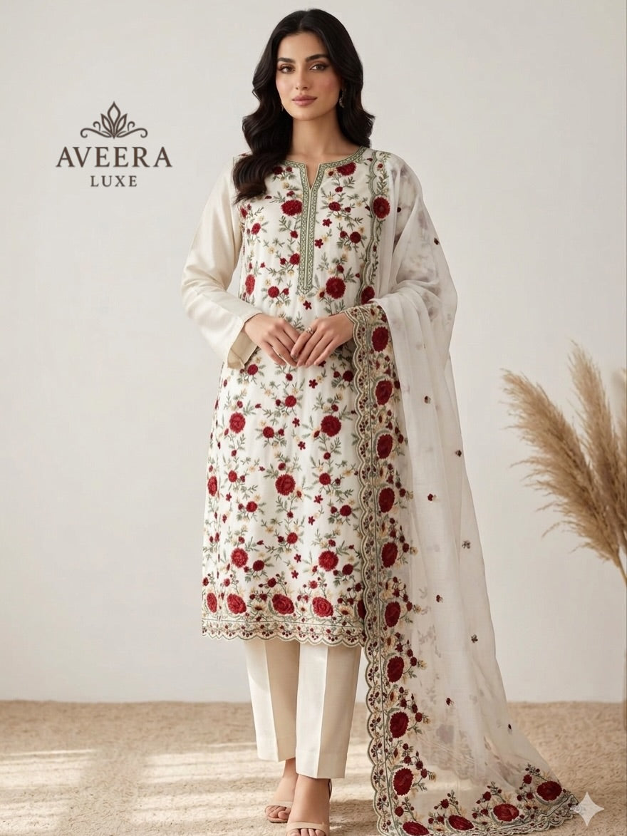 Heavy Embroidered Rayon 3-Pc Unstitched Shalwar Suit with Cotton Dupatta